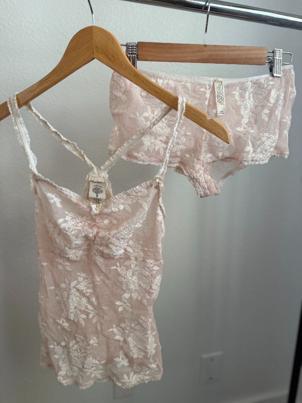 In Bloom by Jonquil Pink Sheer Mesh Floral Lace Pajama Cami Boyshort Set Size S